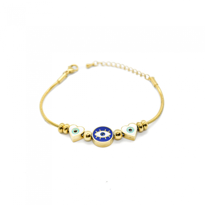 Gold Bracelet with Hearts and Turkish Eyes